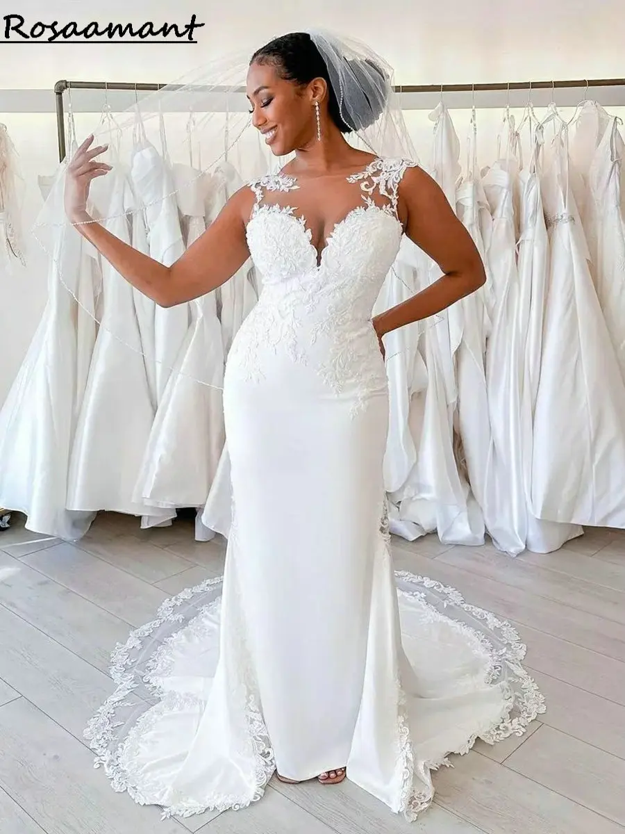 

Elegant Illusion Back Appliques Lace Mermaid Wedding Dresses Sweetheart Sleeveless Country Bridal Gowns