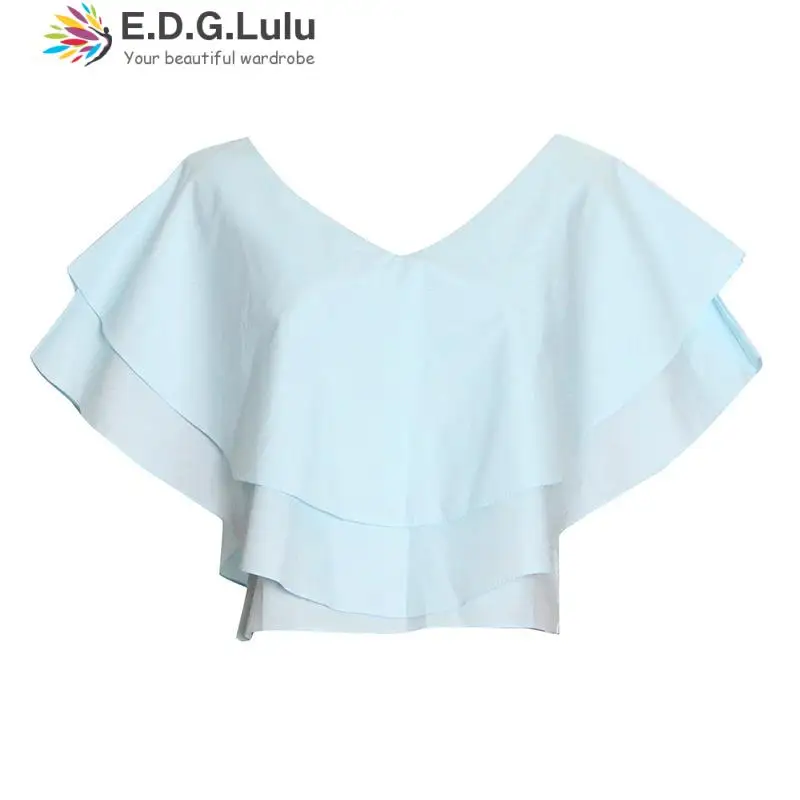 

EDGLuLu 2022 Summer Women's Shirt Short Sleeve Casual Cascading Ruffles Chic Top Harajuku Streetwear Loose Female Blouse 0523