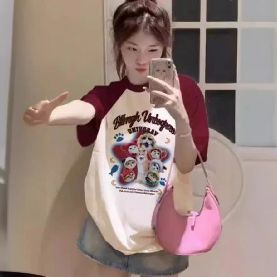 Женская хлопковая Футболка с принтом спереди коротким рукавом и круглым вырезом