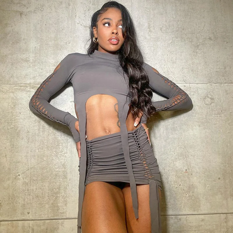 

Zoctuo Vrouwen бандаж сексуальный Y2K одежда 2 комплекты вырезами Lange Mouwen короткий топ с вырезами Мини-роккер Pak Club