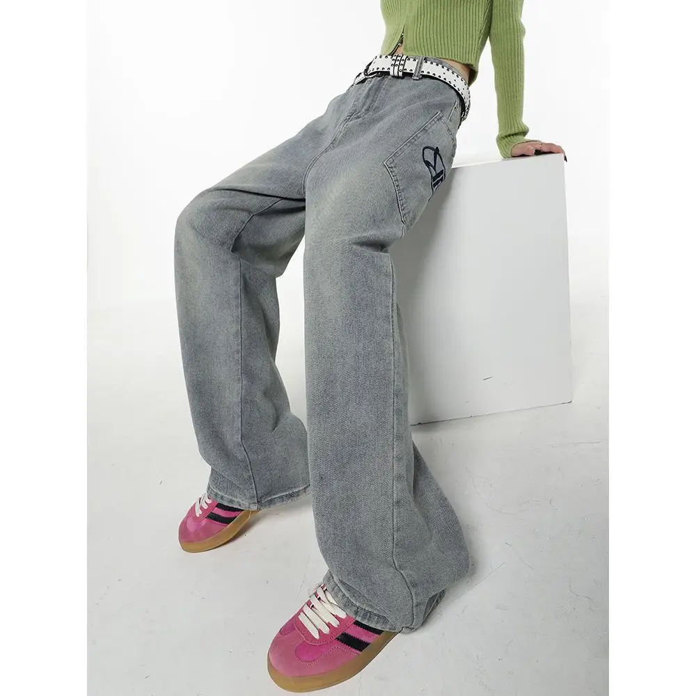 New Denim Jeans Blue High Waist Wide Leg Jeans Women Large Pockets Straight-legged Pants High Street Embroidery Y2K