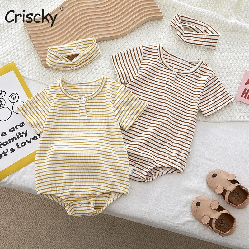 

Criscky Summer Newborn Baby Romper Ribbed Striped Infant Cotton Short Sleeve Body Suit Boy Girl Jumpsuits Baby Clothes