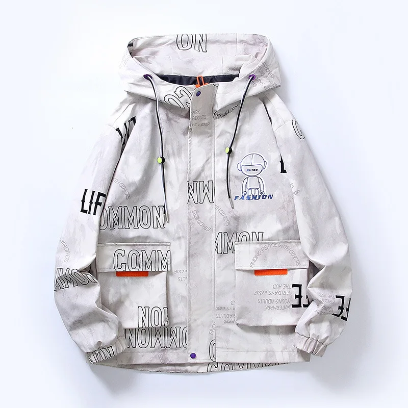 

Men's Windbreaker Jackets Youth Korea Fashion Print Casual Coat 2022 Spring Autumn Hooded Jacket Teen Trend Student Men Clothing