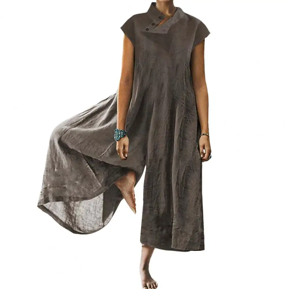 

Women Jumpsuit Wide Leg Button Stand Collar Loose Vintage Short Sleeves Jumpsuit Female Clothes