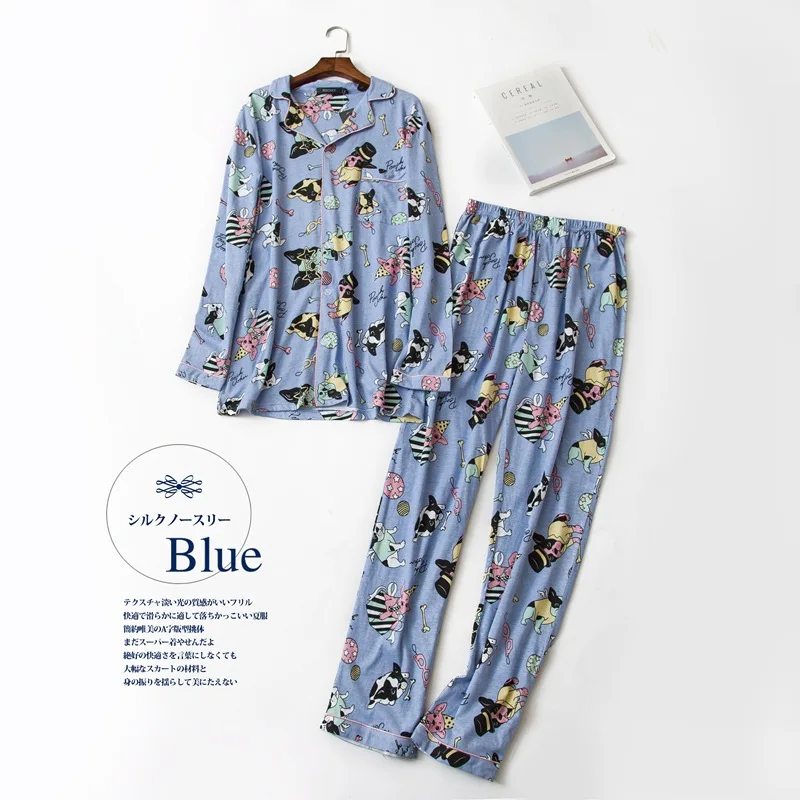 

Pure cotton pajamas sets women cute blue dog 100% cotton plus size pyjamas women sleepwear LDG