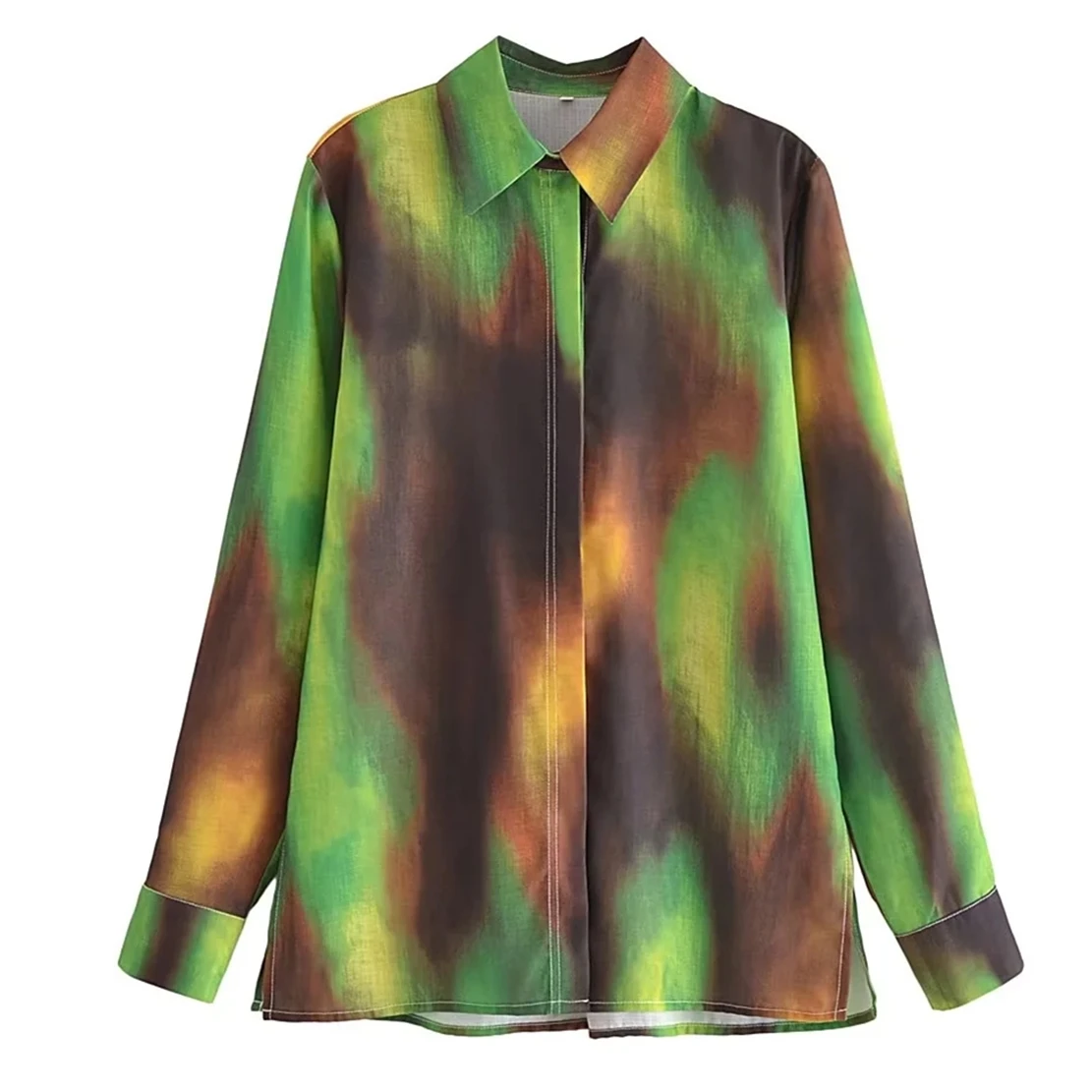 

Jenny&Dave England Style Tie-Dyed Gradient Print Fashion Blouse Shirt Long Sleeve High Street Blouse Women Tops