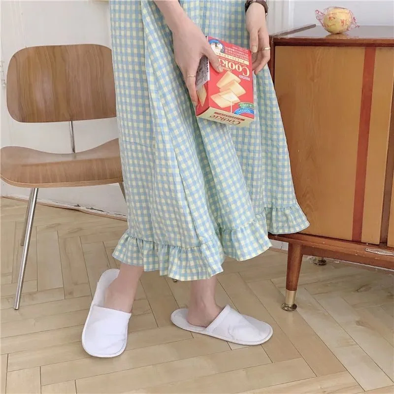 Autumn Casual/Sexy Plaid Nightgown For Women Elastic Nightdress Women's Sweet Neck Short Sleeve Princess Fashion Nightwear