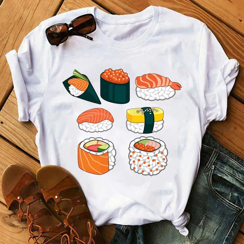 

Cartoon Cute Sushi Print Women T shirt Clothing Fashion Kawaii Tops Tee Tshirt Ladies Graphic White Short sleeve female T-Shirt