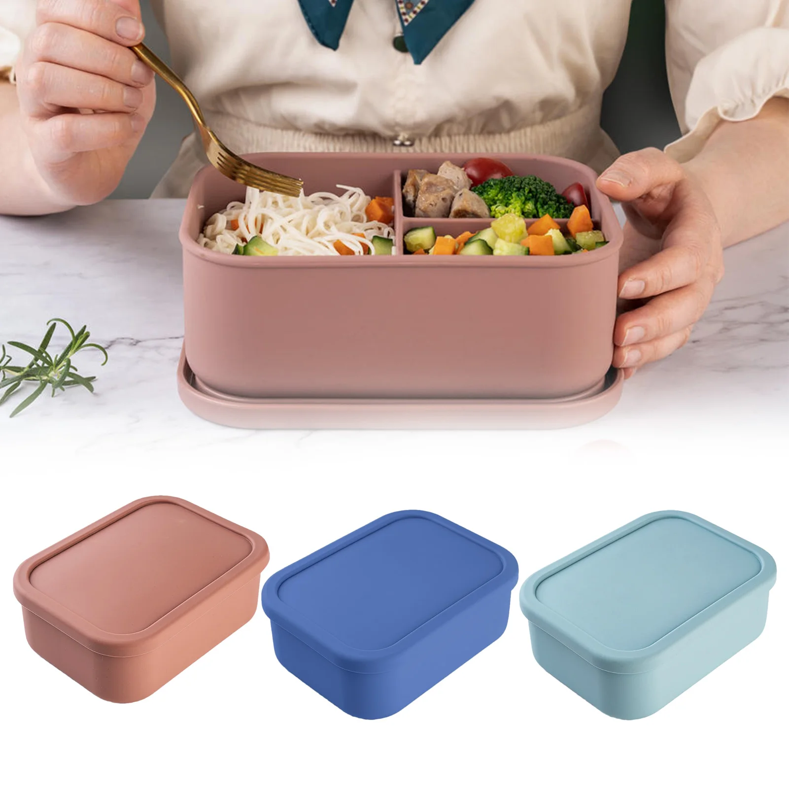 Silicone Bento Box Durable Lunch Box Containers With 3 Compartments Stackable Food Storage Container With Lid For Lunch Fruits