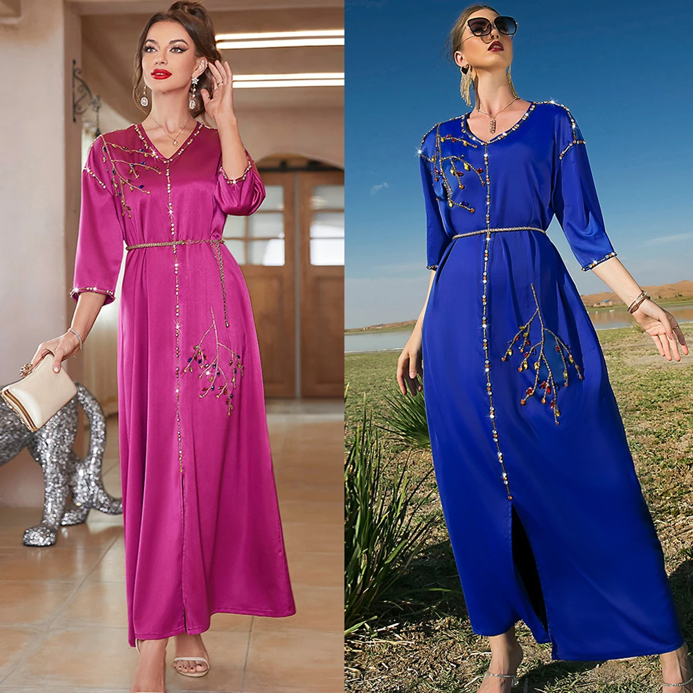 

Moroccan Satin Handmade Diamond Eid Mubarak Ramadan Abaya Women Muslim Dress Dubai Turkey Kaftan Clothing Arabic Jalabiya Caftan