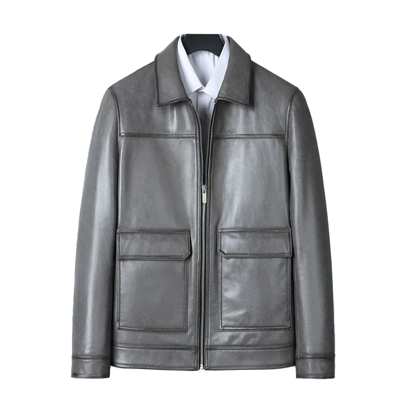 Мужская короткая куртка из натуральной овечьей кожи однотонная ветрозащитная