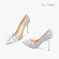 Women Pumps Gold Silver Glitter Bow Rhinestone High Heels Shoes Pointed Toe Fashion Comfortable Stilettos Sexy Bride Wedding 8cm