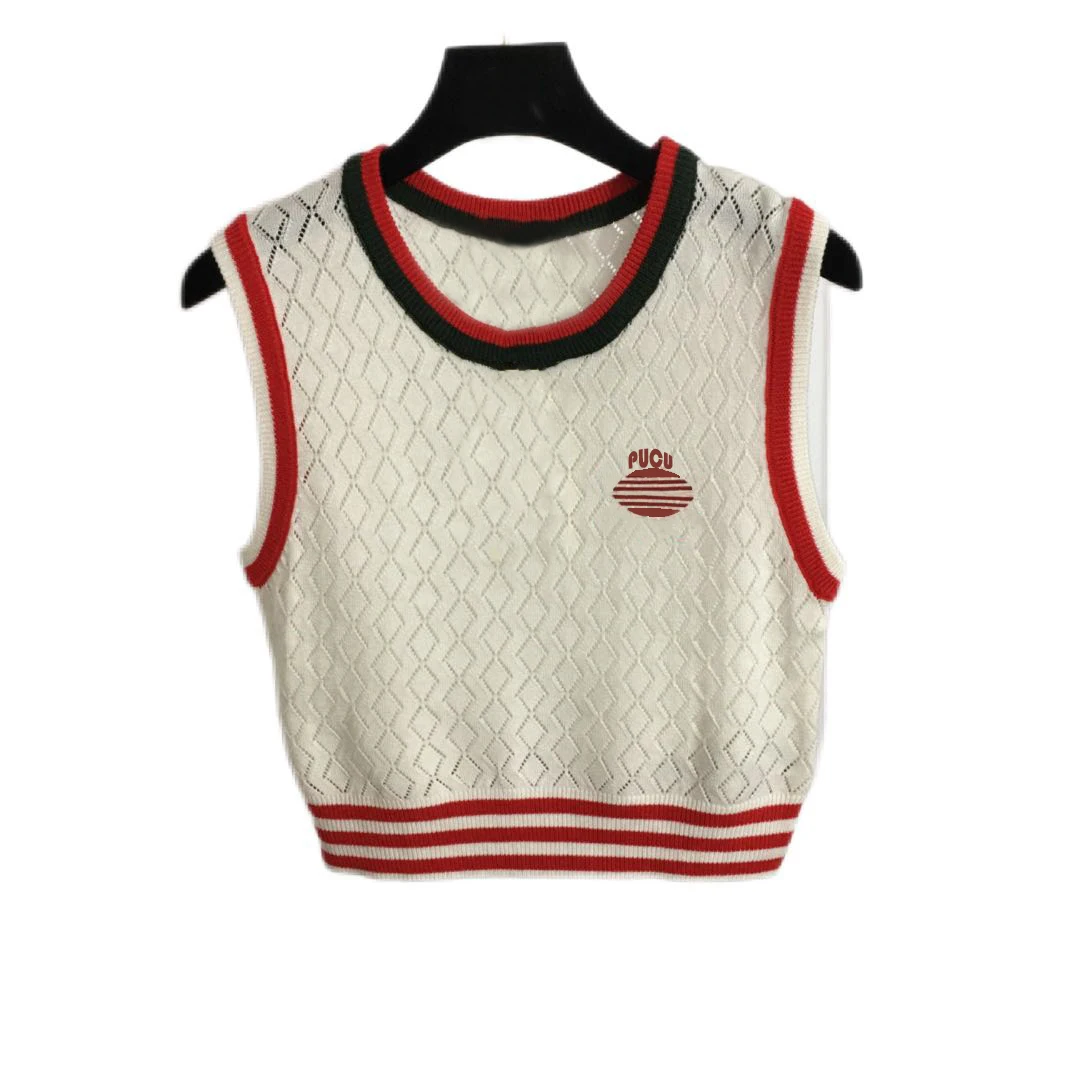 

Summer Women's Top Round Neck Sleeveless Vest Color Block Letter Printed Sweater Hollow Diamond Pattern