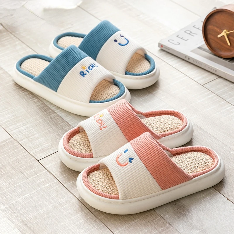 

Cotton Linen Slippers Women Four Seasons Home Slipper Indoor Outdoor Couple Shoes Spring Autumn Thick Bottom EVA Summer Slides