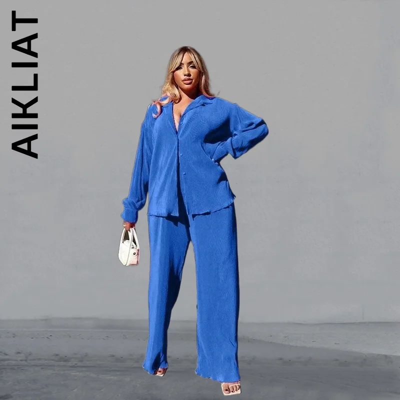 

Aikliat Women Set Fashion Vintage Sets Long Pants Tops And Pants Slim Pleated Two Piece Sets Retro Basic Sweatsuits Women Female