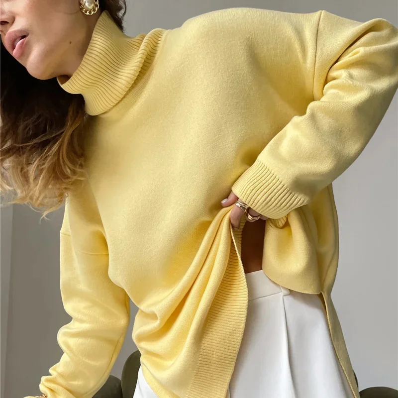 

Knitted Split Women's Turtleneck Sweater Oversized Casual Pullover Jumpers Winter Warm Long Sleeve Top Female Loose Sweaters