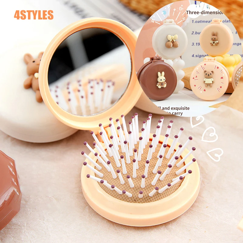 

Cute Hair Comb With Mirror Hair Accessories Portable Massager Foldable Mini Lovely Cartoon Bear Rabbit Girl Airbag Comb Kid Gift