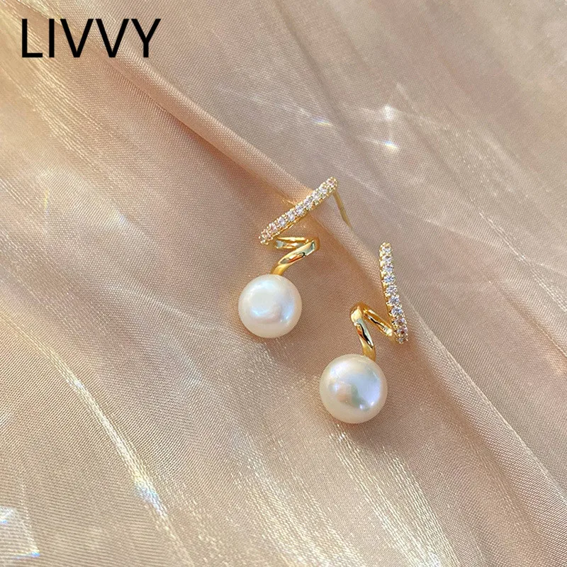

LIVVY Silver Color Prevent Allergy Pearl Twisted Stud Earrings for Women Trendy Elegant Sparkling Zircon Earring Fine Jewelry