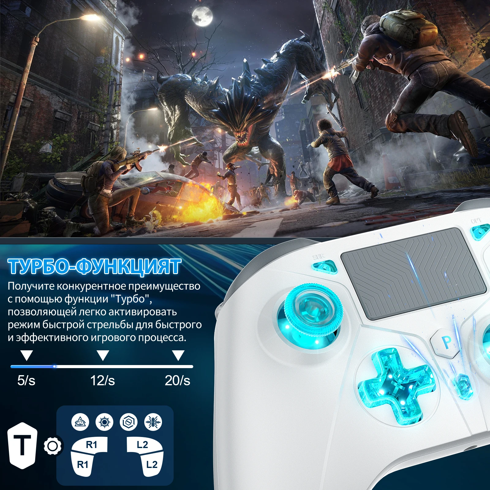 Фото Игровой контроллер для for PlayStation 4/PS4 Pro/Slim/PS3/PC/IOS/Switch, беспроводной геймпад с двойной турбовибрацией, 6-осевым гироскопом и разъемом 3,5 мм. №3