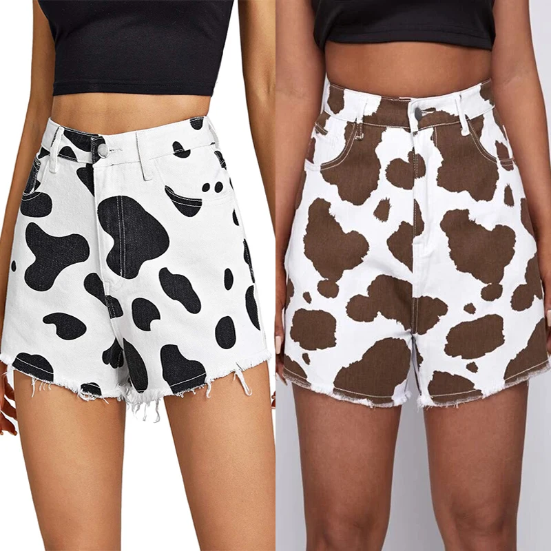 

Women's Fashion Casual Summer Denim Shorts High Waist Legs Open Sexy Short Jeans Cow Black and White Decorative Pattern Fashion