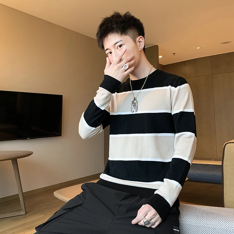 Stripe Knitted Sweater Men Autumn Winter Long Sleeves Fashion All-Match Trend Streetwear Ins Male Clothes Christmas Knitwears