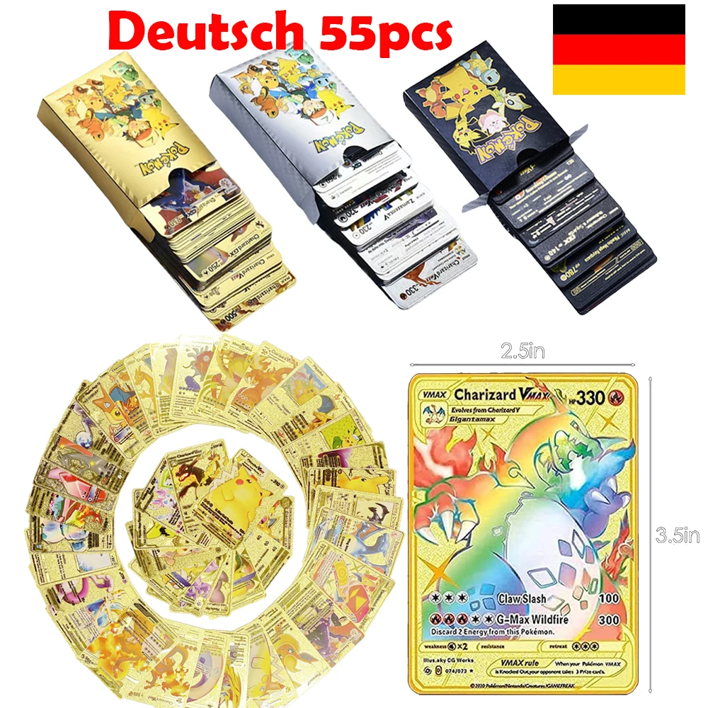 

German Pokemon Cards Metal Gold Sliver Karten Deutsch Vmax GX Energy Charizar Pikachu Rare Collection Battle Trainer Card Gift
