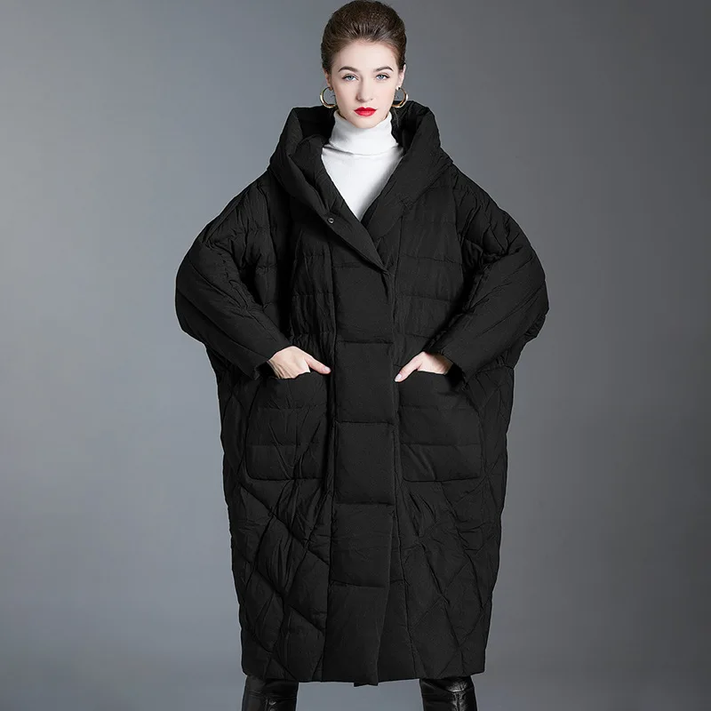 Enlarge Women Winter Down Hooded Collar Coats Female Batwing Design Pockets Loose Large Size 90% White Duck Down Jackets Mom Outwear