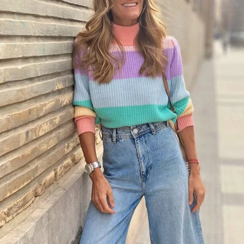 

Autumn Women Knitted Sweater Striped Patchwork Turtleneck Jumpers Tops Winter Elegant Long Sleeve Sweaters Female New Streetwear