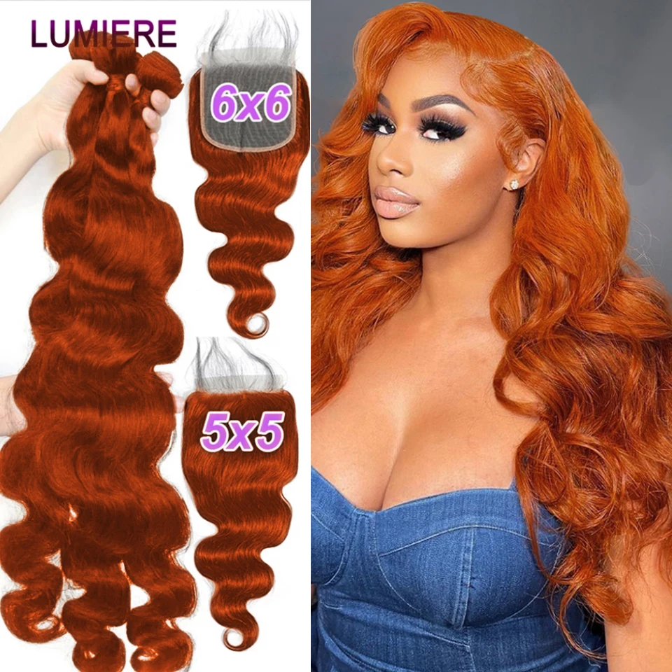 

Orange Ginger Colored Bundles With Closure 5x5 6x6 HD Lace Closure #350 Ombre Brazilian Hair Weave Bundles With Closure Frontal