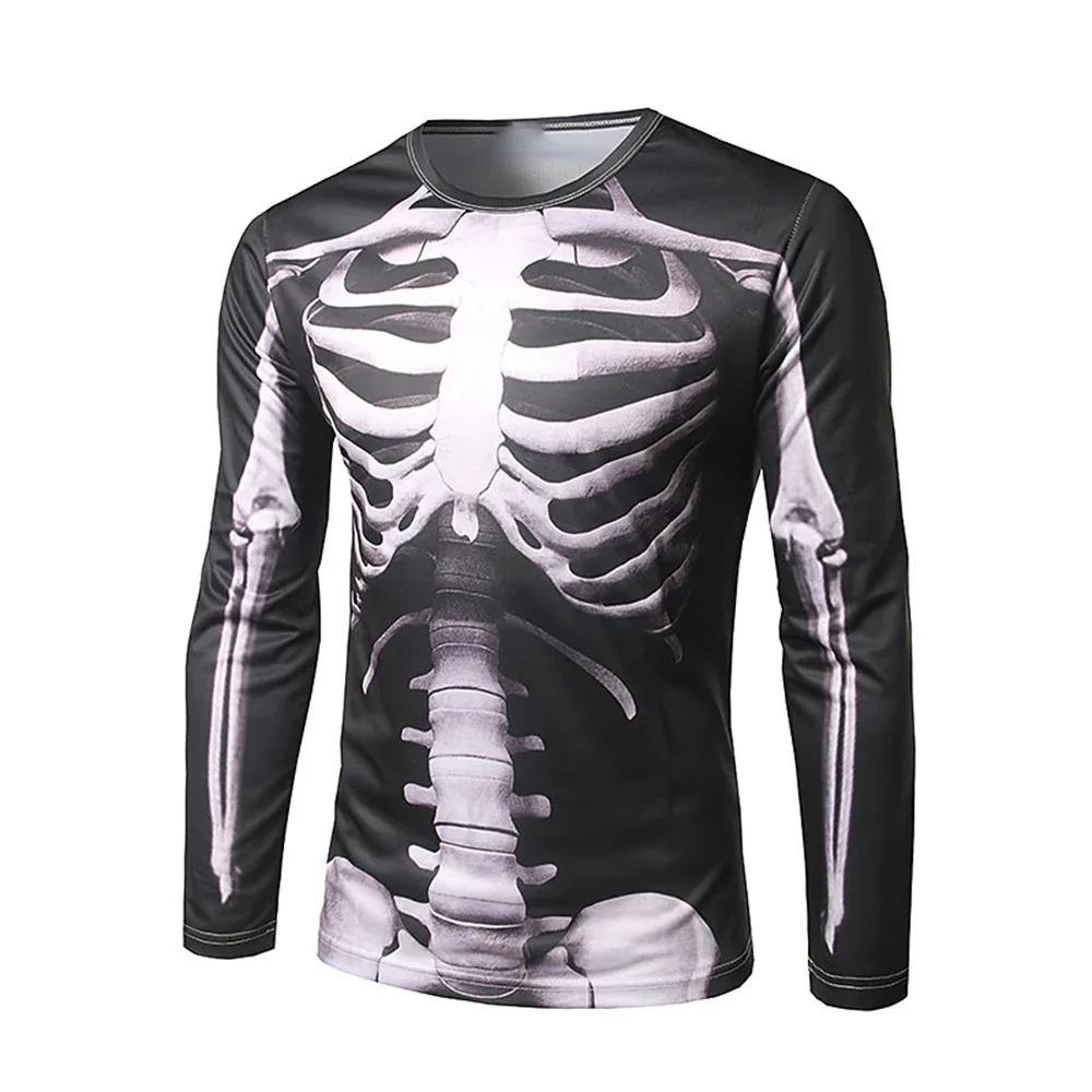 

2023 New Fashion Men's Long-Sleeved T-Shirt Creative Halloween Skull Retro Graphic Digital Printing Casual Loose Round Neck Tops
