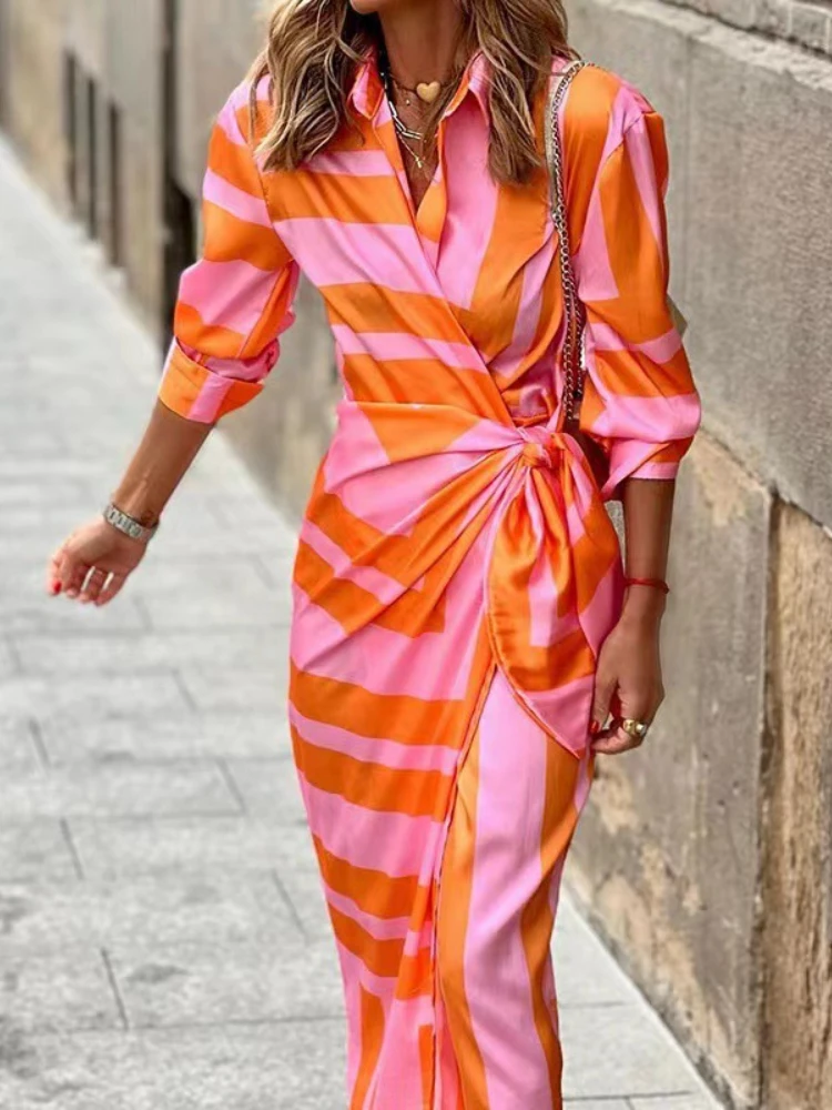 

New Spring/Summer Fashion Print Dress Blouse Neck Tie Mid Length Striped Skirt Casual Comfortable Street Women's Wear Dresses