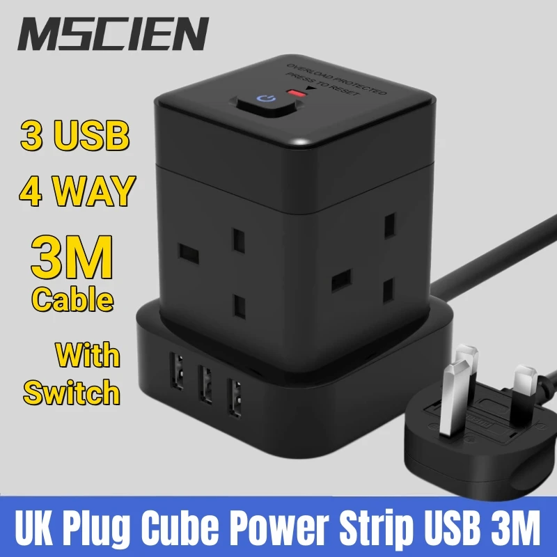 Cube Extension Cord Power Strip with 3 USB Ports 3M Cable Vertical Socket Switch Multi Plug Vertical socket Power Output Charger