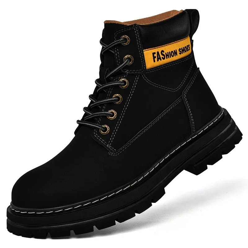 

Popular Work Boots For Men Black Yellow Leather Boots for Men Brand Fashion Tactical Shoes Man Top Quality Motorcycle Boots Men