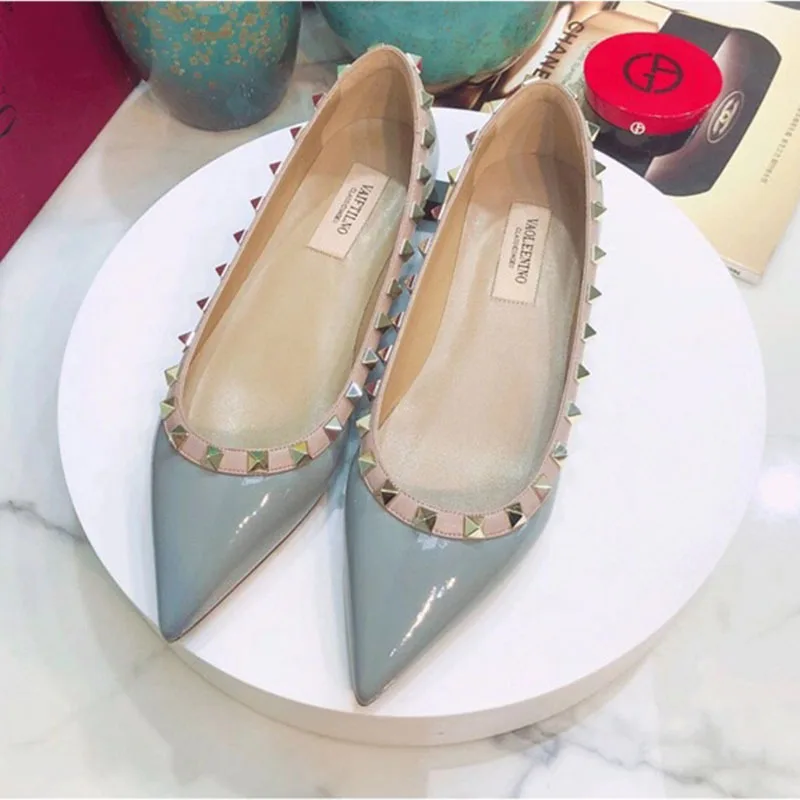 Luxury Brand Rivet Midsole Heel Shoes Leather Pointed Shallow Cut Flat Bottom Women's Shoes Versatile Fashion Women's Pumps33-41