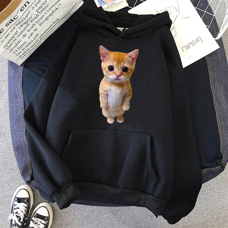 

Harajuku hoodie Sad Crying Cat Kitten Print sweatshirt Autumn/Winter Lazy style Loose hoodie Fashion clothing Black hoodie