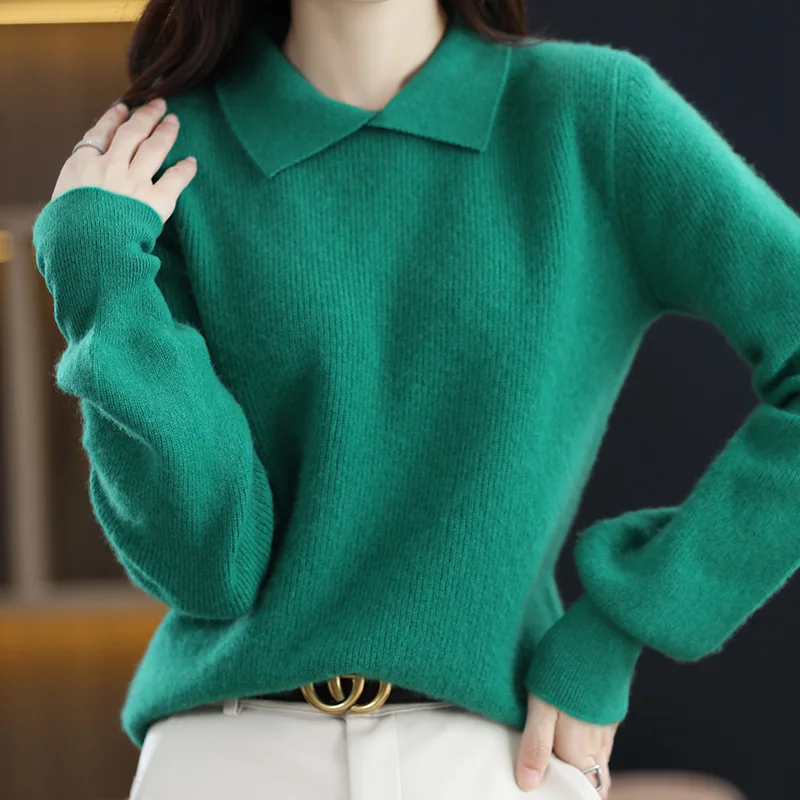 

Women's Sweater New Fashion Turn-down Collar Loose Large Size Jumper 100% Wool Sweaters Woman Casual Pullovers Long Sleeve Tops
