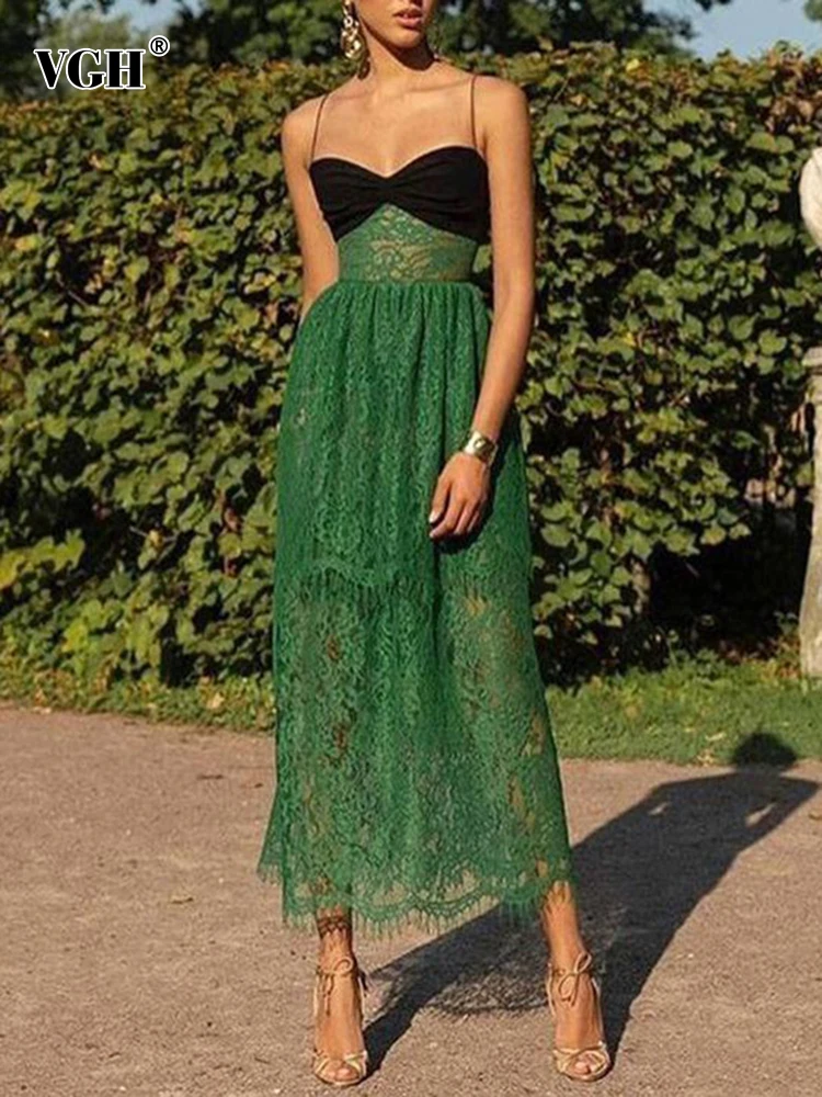 

VGH Elegant Slimming Dresses For Women Square Collar Sleeveless Off Shoulder High Waist Embroidery Lace Long Dress Female New