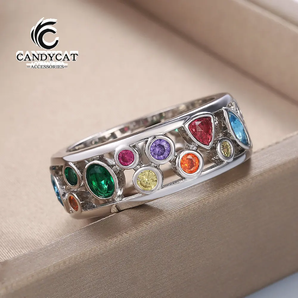 

Colorful Gem Stone Rings for Women Women Hollow Geometric Multicolor Cocktail Party Female Zircon Jewelry Romantic Female Band