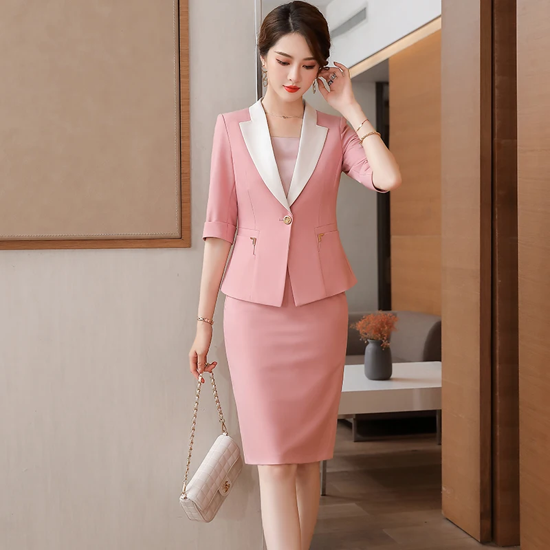 

New 2023 Spring Summer Women Skirt Suits Pink Blazer and Jacket Sets Ladies Business Work Wear Uniform Half Sleeve