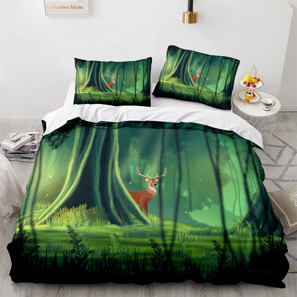 Green Forest King Queen Duvet Cover Fairy Cartoon Trees Elk Bedding Set for Adults Plant Animal 2/3pcs Polyester Comforter Cover