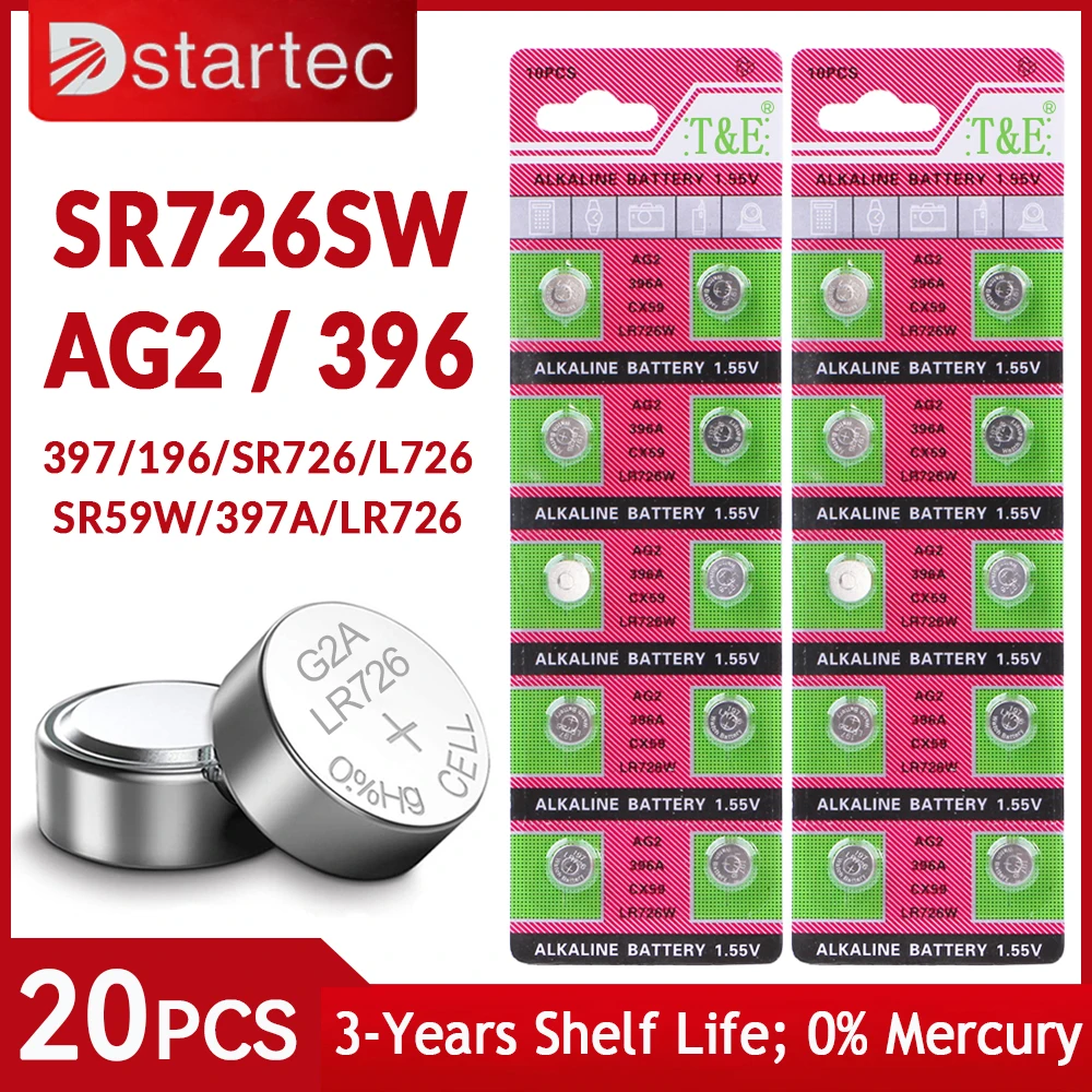 20 шт., батарейки AG2 LR726 397 396 1,55 в для часов, игрушек, пультов дистанционного управления 396A SR726 196 SR726SW CX59 L726, батарейки для монет, щелочные батарейки