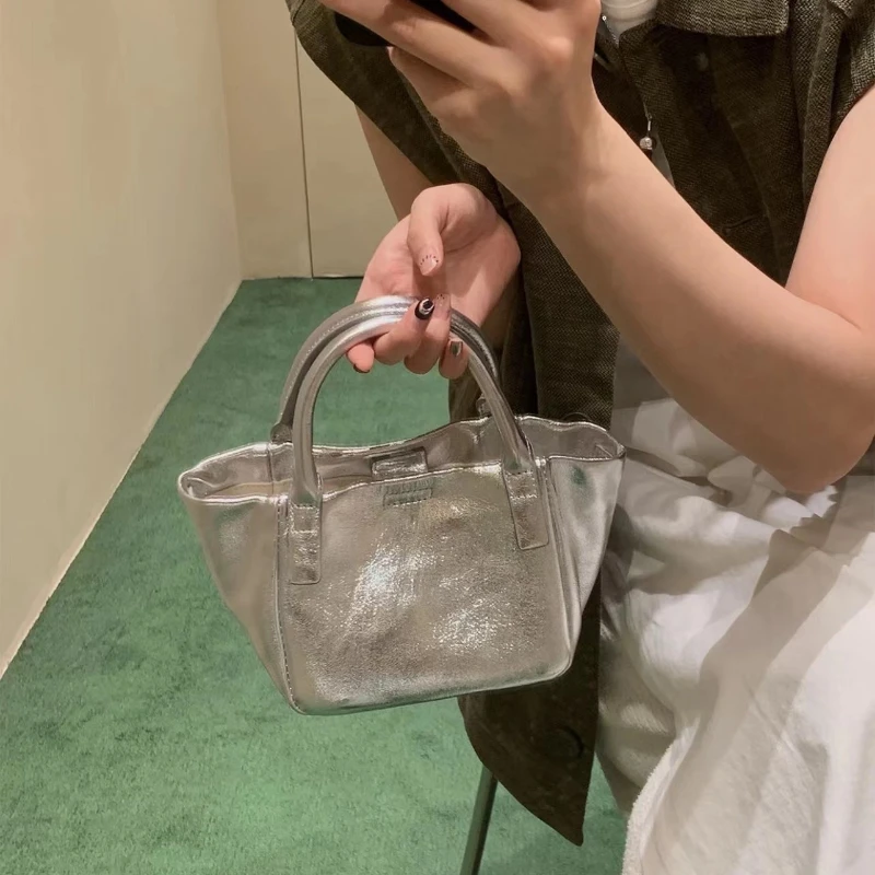 Xiuya Simple Vintage Handbag Silver Pu Leather Korean Style Mobile Phone Crossbody Bag Summer New Fashion Designer Shoulder Bag
