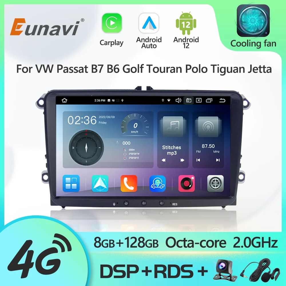Eunavi 2 Din Android 12 Radio DVD Player For VW Volkswagen Passat B7 B6 Golf Touran Polo Tiguan Jetta GPS Multimedia