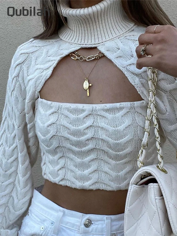 

Knitted Sweater Turtleneck Camisole and Pullover Long Sleeve Top Solid Autumn Stretch Wild Basic Two Piece Sweater Y2k Clothes