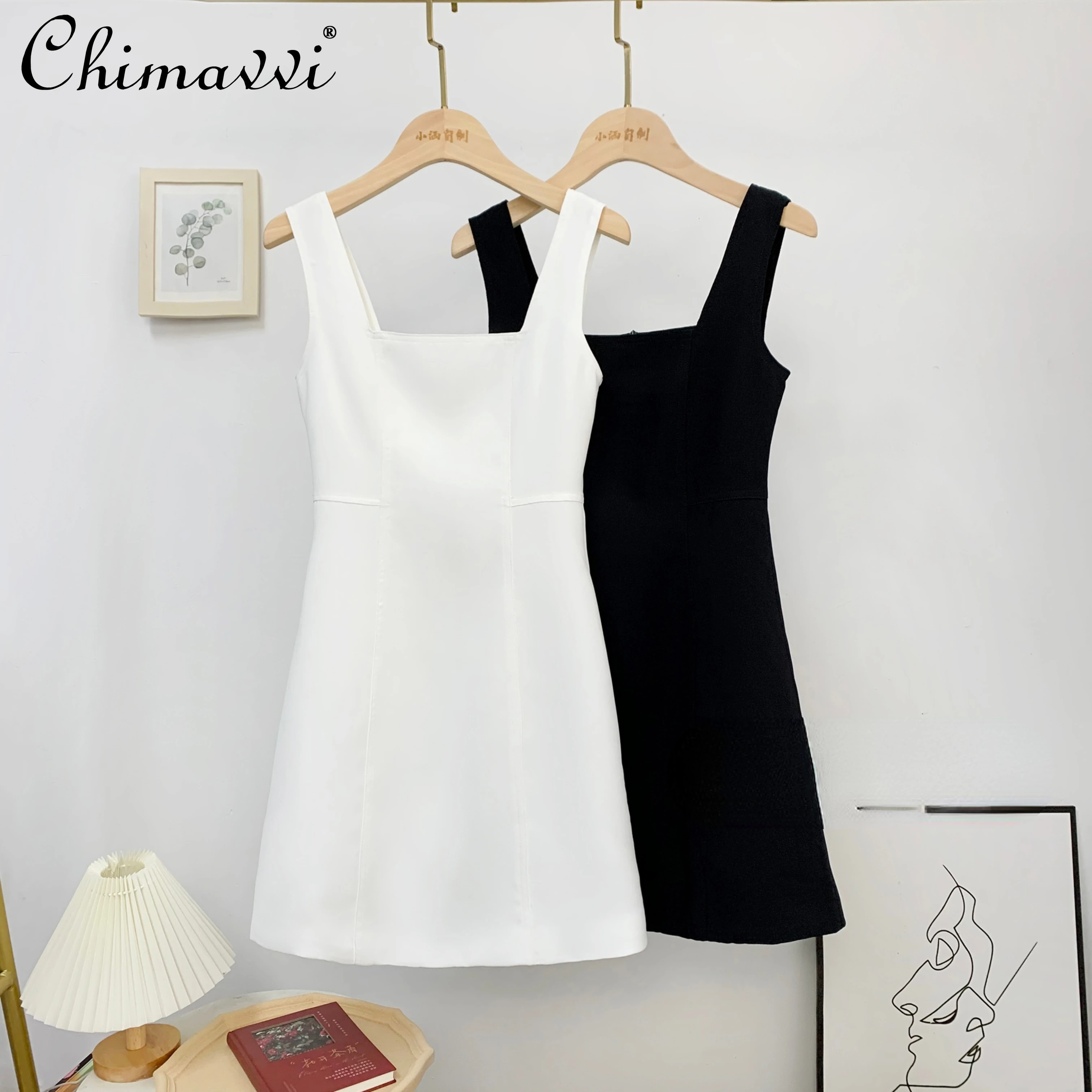 Female French Style Sexy Above Knee Suspender Dress Women's 2022 Spring Summer New Elegant Slim Fit A- Line Solid Color Dress