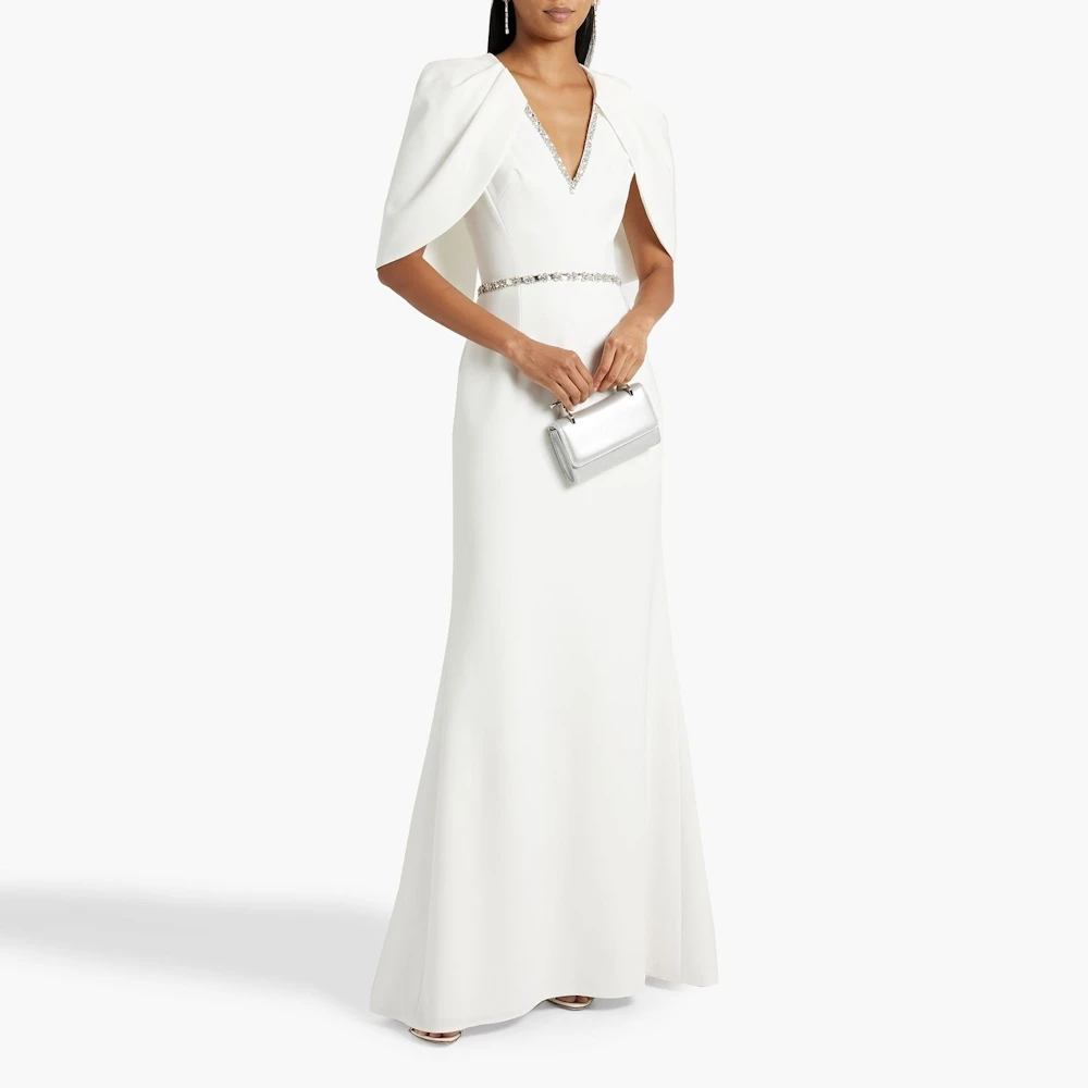 

Muloong Ivory V Neck Maxi Dress Floor Length Classic Evening Dress 2023 Crystal Cape Sleeves Saudi Aribia Party Dress for Women
