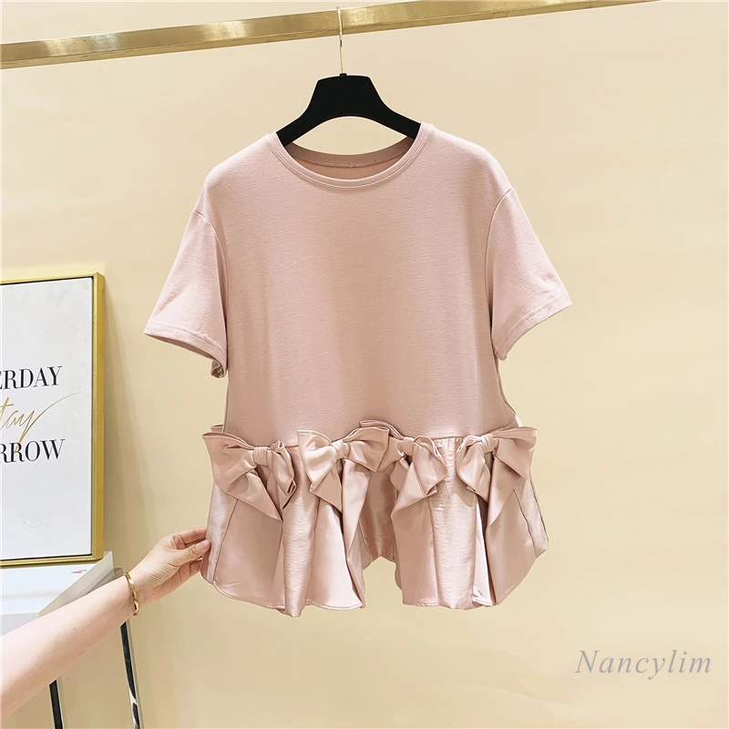 

Bow Stitching Loose Short-Sleeved T-shirt Women's Top 2022 Summer Autumn Clothing New Fashion Ins Tees Pink White