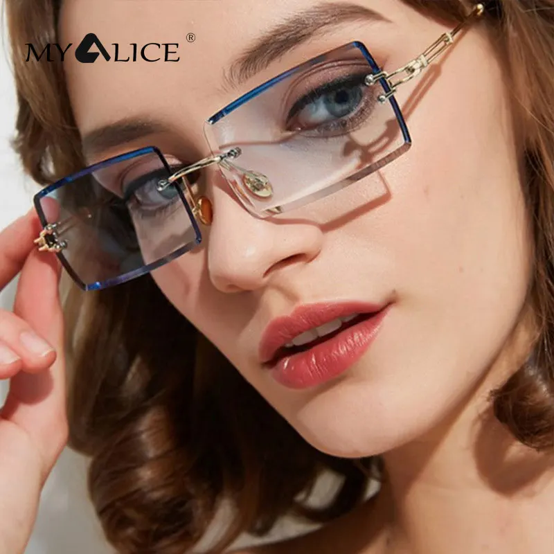 

MYALICE Женские Модные прямоугольные очки без оправы Алмазная отделка солнцезащитные очки металлические дужки популярный Oculos De Sol Feminino UV400