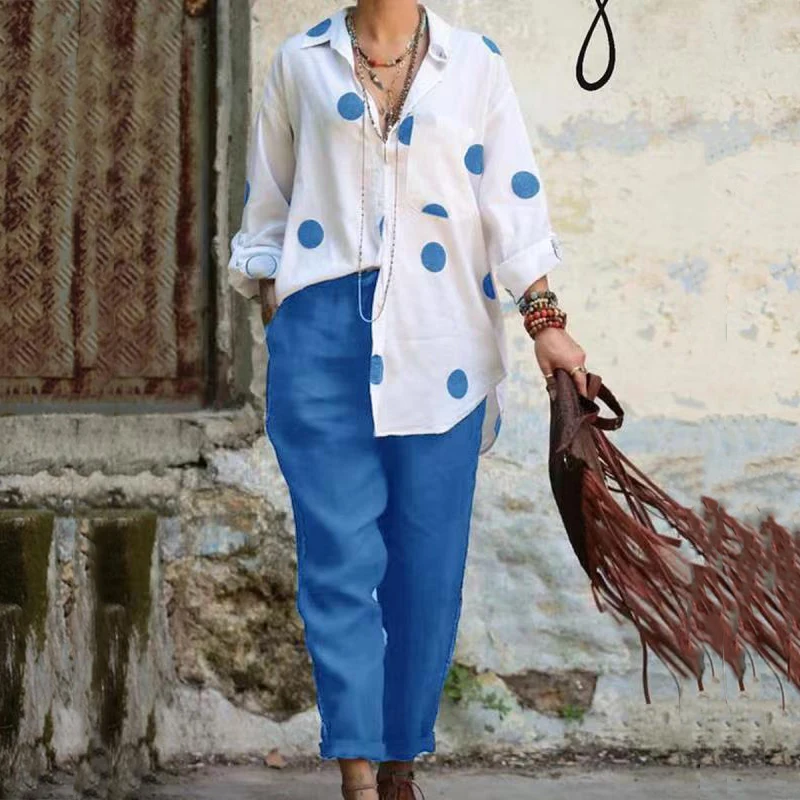 

Fashion Lapel Button Shirts and Wide Legger Pants Suits Vintage Polka Dot Print Loose Outfits Women Casual Long Sleeve 2Pc Sets