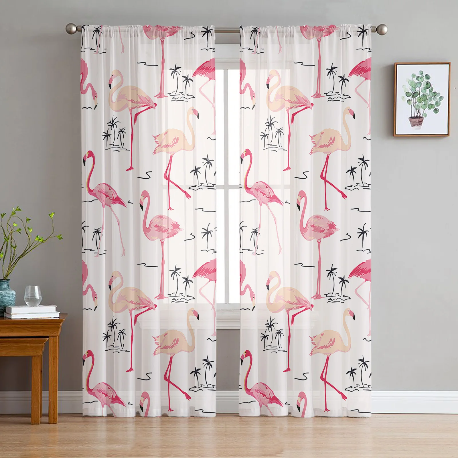 

Pink Flamingo Tropical Plant Tulle Curtains for Living Room Drapes Window Sheer Modern Curtains for Bedroom Decor